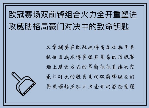 欧冠赛场双前锋组合火力全开重塑进攻威胁格局豪门对决中的致命钥匙