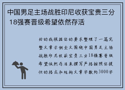 中国男足主场战胜印尼收获宝贵三分 18强赛晋级希望依然存活