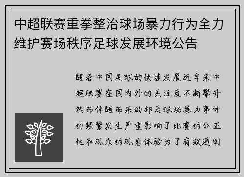 中超联赛重拳整治球场暴力行为全力维护赛场秩序足球发展环境公告